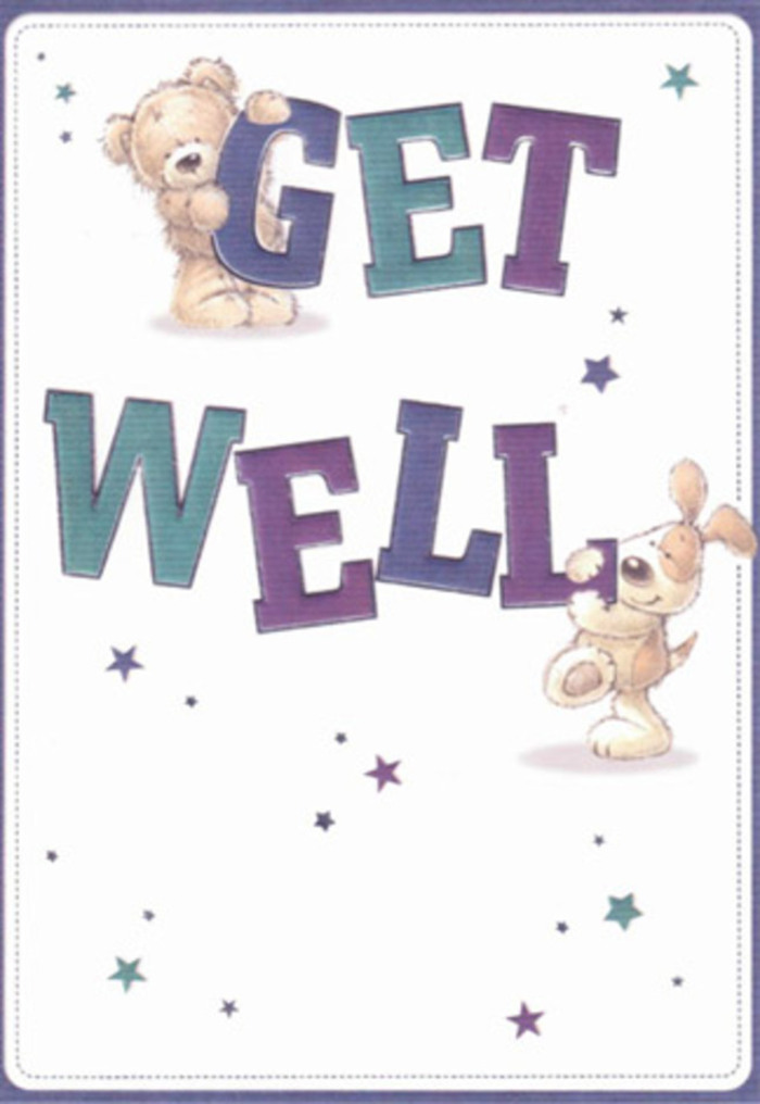 This get well card is a celebration of cheer and healing, beautifully echoing the nurturing spirit found around Sidcup's parks and flower-lined walkways. At the centre, a lovable bear with flax-coloured fur perches trustingly atop the word 'GET,' its expression one of patient encouragement. Below, a perky puppy with soulful eyes and velvety, oversized ears gives playful life to the bold 'WELL' letters, shaded in deep blues and teals that mirror the nearby water of Sidcup Place's ornamental ponds. The scene is dusted with twinkling stars-hand-drawn in aquas and violets-dancing gently across the soft, pristine background. There's a delightful tactility in the illustrated textures: the bear's fur appears cloud-soft, while the puppy's ears curl as tenderly as petals in a Sidcup florist's spring bouquet. The confident, hand-lettered typography brings buoyant energy, grounding the card's wish in strength as well as joy. Every artistic stroke is considered and kind, reminding one of the effort poured into each arrangement at Flower Delivery Sidcup. Altogether, this card radiates positivity and comfort, creating just the right mood to offer hope and support to friends, neighbours, or family in need of a gentle lift, right here in Sidcup.